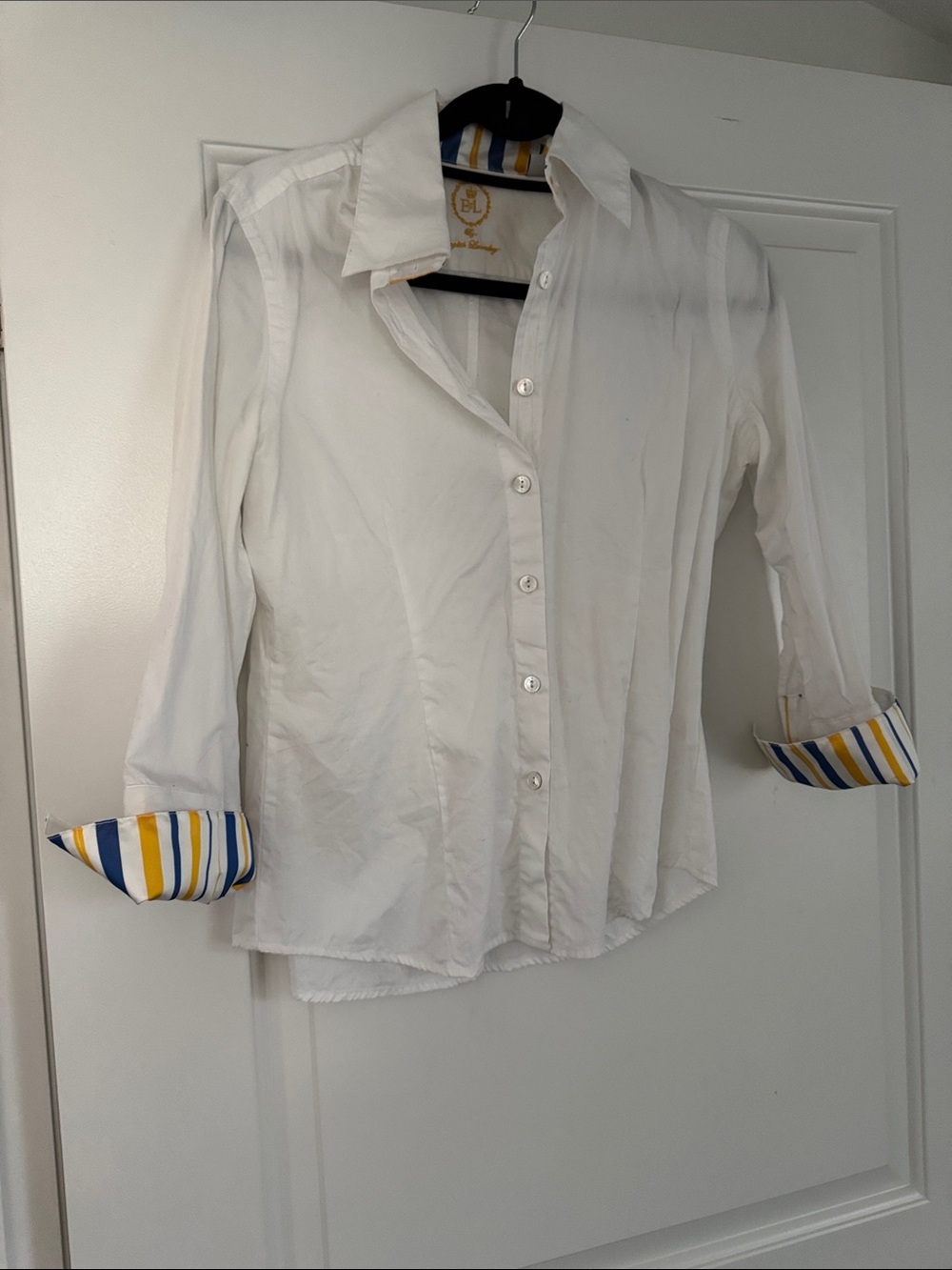 English Laundry White Shirt with Blue and Yellow Striped Trim